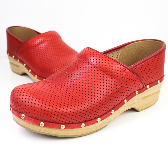 Dansko Shoes - Dankso Perforated Red Leather Clogs Professional Studded Faux Wood Platform 41